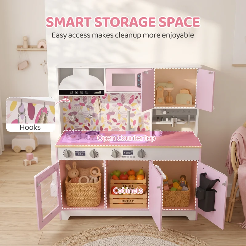 Qaba Play Kitchen, Kids Kitchen Playset with Coffee Maker, Ice Maker, Clicking Knobs, Storage, Accessories for 3-8 Years