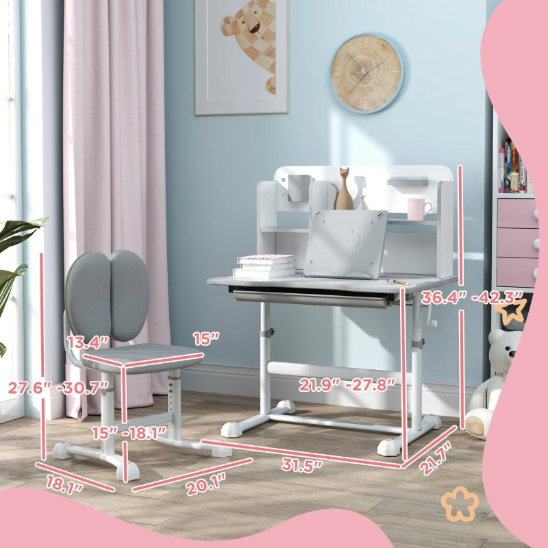 Qaba Height Adjustable Kids Desk and Chair Set for Writing Drawing w/ Tilt Desktop, Storage Drawer and Reading Rack, Gray