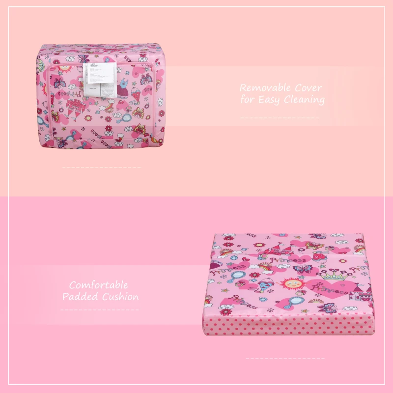 Qaba Kids Fold-Out Couch/Chair Lounger with Princess-Themed Washable Fabric & Removable Cushion for 3-6 Years Old, Pink