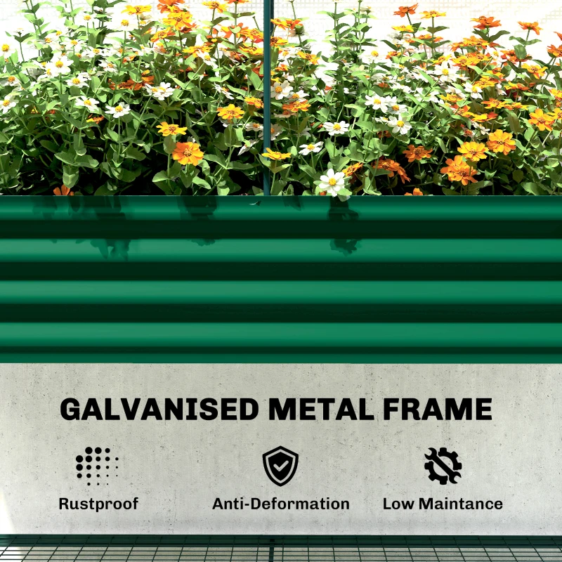 Outsunny Galvanised Raised Garden Bed with Greenhouse Cover, Metal Elevated Garden Bed with Bed Liner, Bottom Shelf, Green