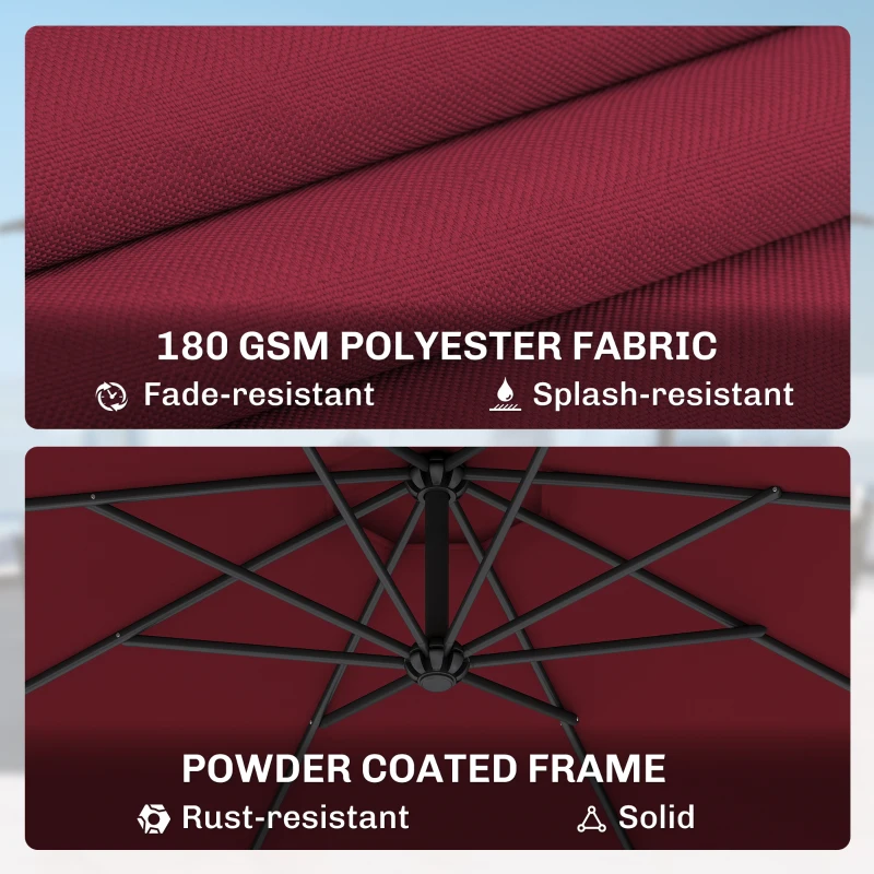 Outsunny 10' Deluxe Patio Umbrella, Outdoor Market Parasol, Banana Hanging Offset Sunshade with Crank, Cross Base, Wine Red