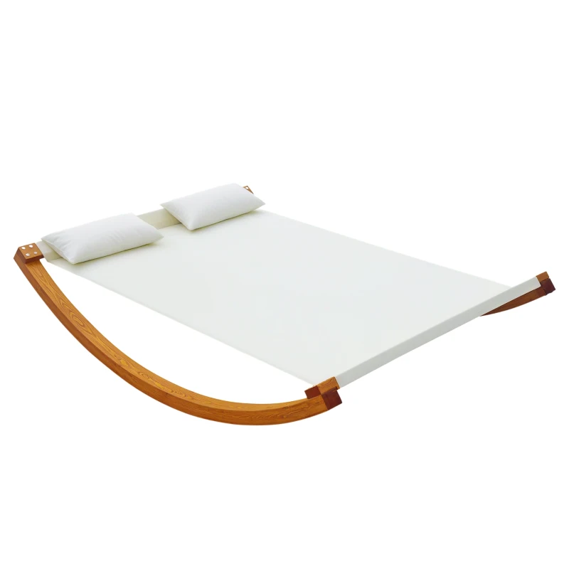 Outsunny Rocking Double Sun Lounger Hammock with Curved Wooden Stand Outdoor Yard Patio, White Teak