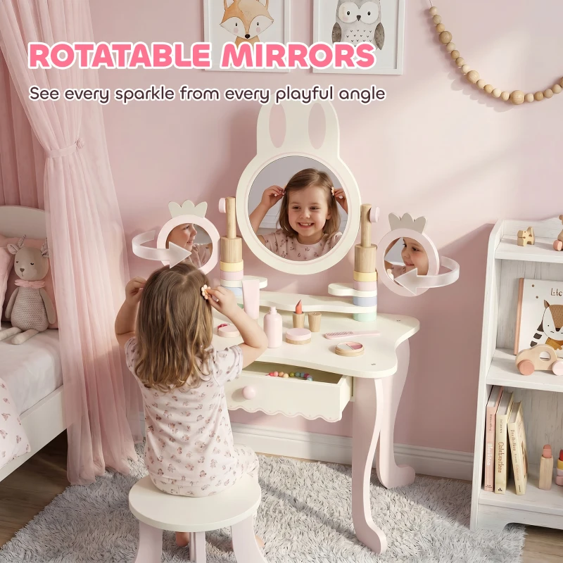 Qaba Kids Vanity Set, Kids Makeup Vanity Table and Chair with Triple Mirrors, 5 Pcs Accessories and Drawer for Girls 3+, Pink