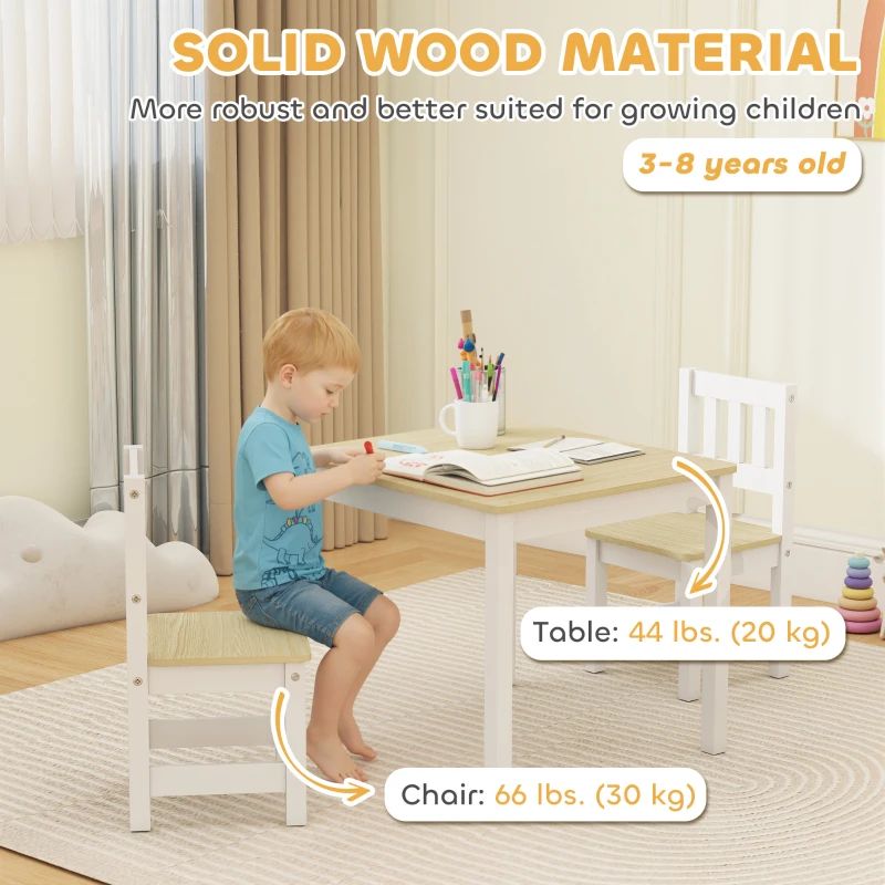 Qaba Kids Table and Chairs Set, Toddler Table and 2 Chair Set for Activity, Art, Craft, Reading, Learning, Natural