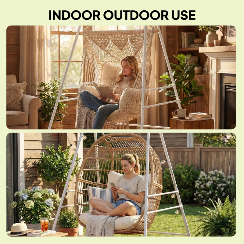 Outsunny Hammock Chair Stand  Indoor and Outdoor Use with Anti-Slip Foot Pads, 2 Carabiners, White