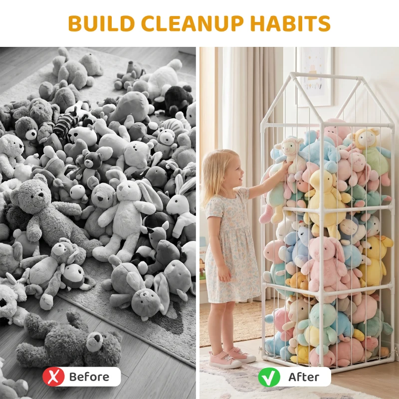 Qaba Stuffed Animal Storage Organizer, Teddy Toy Storage Organizer with Waterproof Bottom for Playroom, Nursery, 47x47x132cm