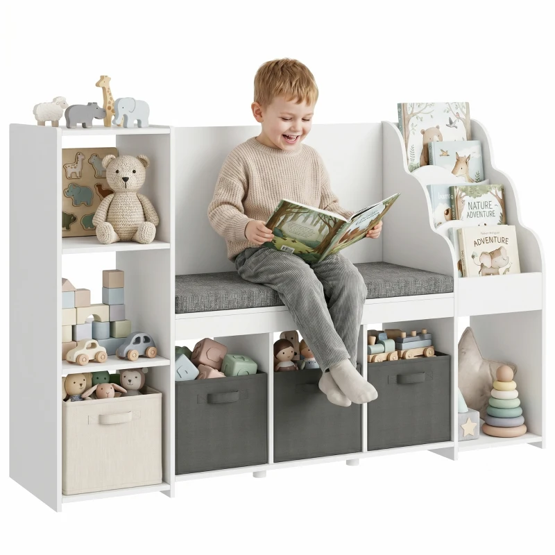 Qaba Kids Storage Shelf with Reading Nook, Toy Storage Organizer with Seat Cushion, 3 Fabric Drawers for Playroom, Nursery