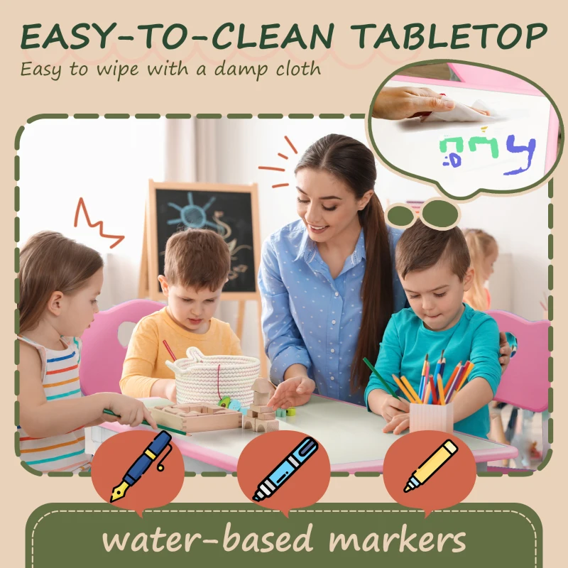 Qaba 5 Pieces Kids Table and Chairs, Height Adjustable Toddler Table and Chair Set with Storage, Easy to Wipe, Rectangular Table 4 Chairs for Classroom, for Daycare Classroom, 18 Months-5 Years, Pink