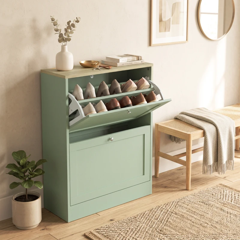 HOMCOM Slim Shoe Storage Cabinet, Modern Shoe Cabinet with 2 Flip Drawers and Adjustable Shelves for 8-12 Pairs, Green