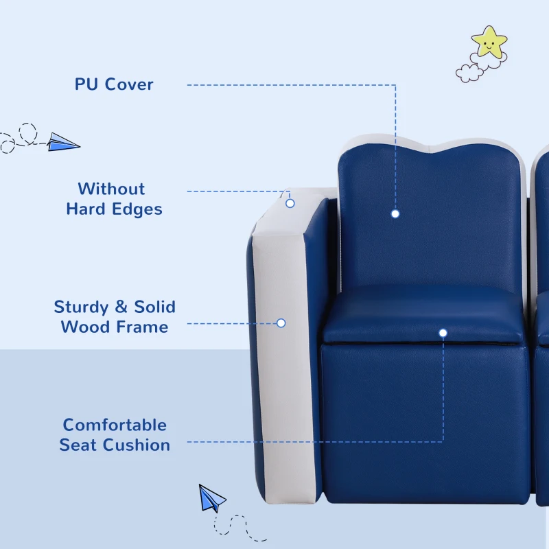 Qaba Kids Sofa Set 2-in-1 Multi-Functional Toddler Table Chair Set 2 Seat Couch Storage Box Soft Sturdy Blue