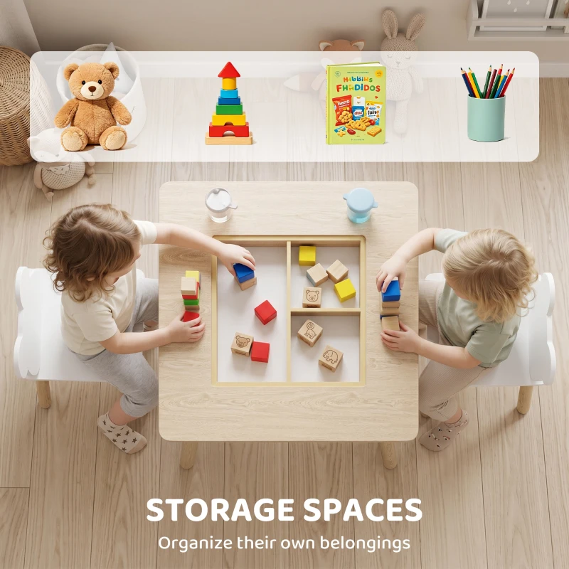 Qaba 3 Piece Kids Table and Chair Set with Convertible Desk with Storage, 3 in 1 Toddler Table and Chair Set for Nursery