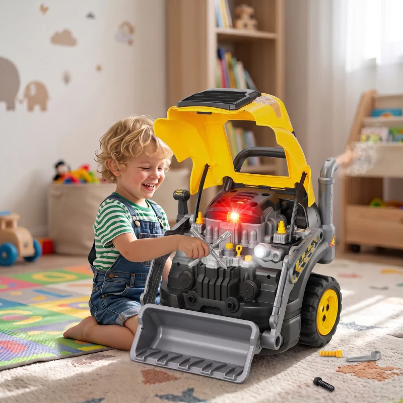 Qaba Truck Engine Toy, Kids Mechanic Repair Set with Spray, Lights, Sounds, Educational Excavator Gifts for 3-6 Years