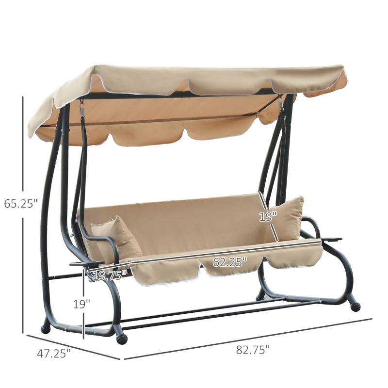 Outsunny 3-Seat Outdoor Patio Swing Chair, 2-in-1 Convertible Flat Bed, Canopy Swing with Adjustable Shade, Removable Cushions, Cup Holder, Beige