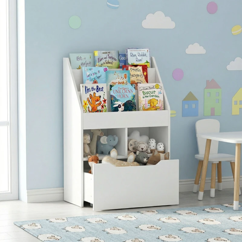 HOMCOM Kids Bookshelf Bookcase, Montessori-Inspired 4 Tier Large Capacity Rack Organizer with Moveable Drawer for Books for Reading Nook, Classroom, Bedroom, Playroom, White