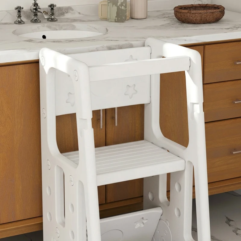 Qaba Toddler Kitchen Helper 2 Step Stool with Adjustable Height Platform and Safety Rail, White