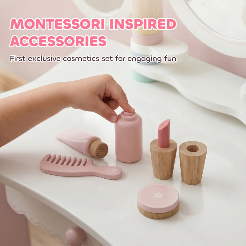Qaba Kids Vanity Set, Kids Makeup Vanity Table and Chair with Triple Mirrors, 5 Pcs Accessories and Drawer for Girls 3+, Pink