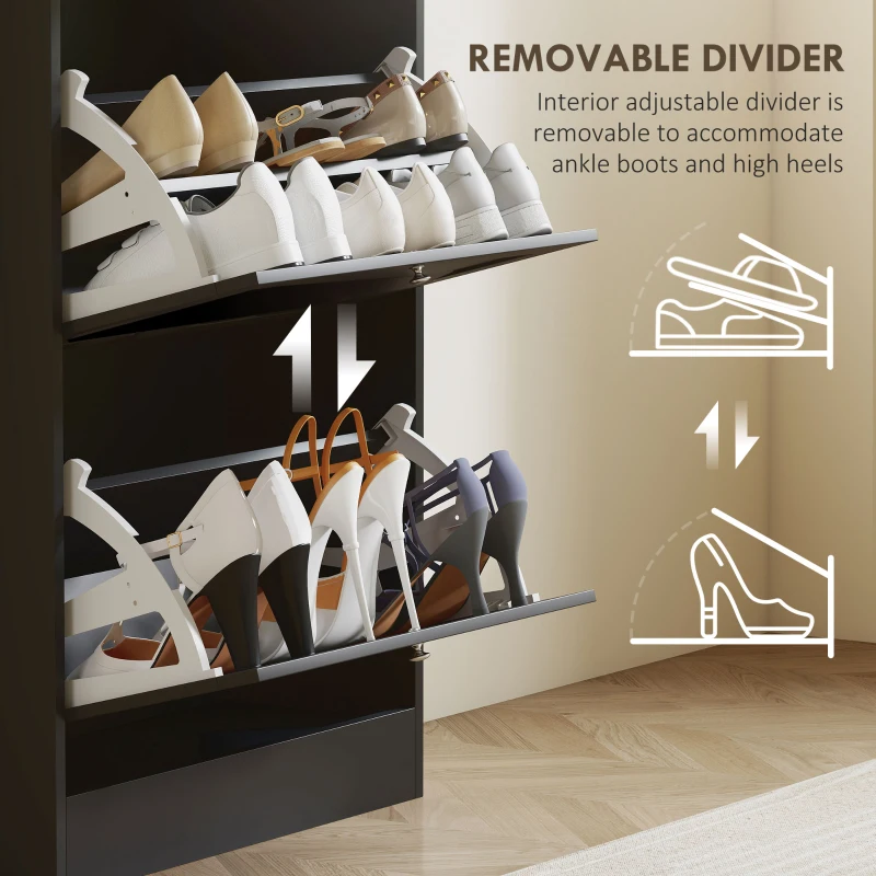 HOMCOM Modern Shoe Storage Cabinet with 3 Flip Drawers and Adjustable Shelves for 12-18 Pairs of Shoes, Black