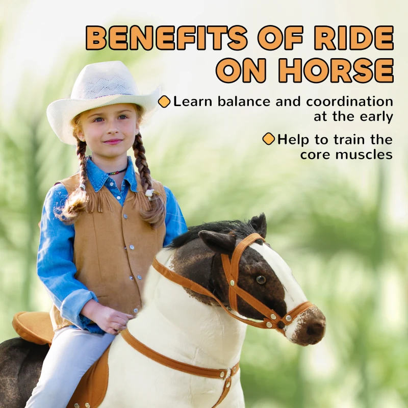 Qaba Ride on Horse for Toddlers 3-8 Years Old, Stuffed Animal Horse Toy with Neighing Sound, Brown