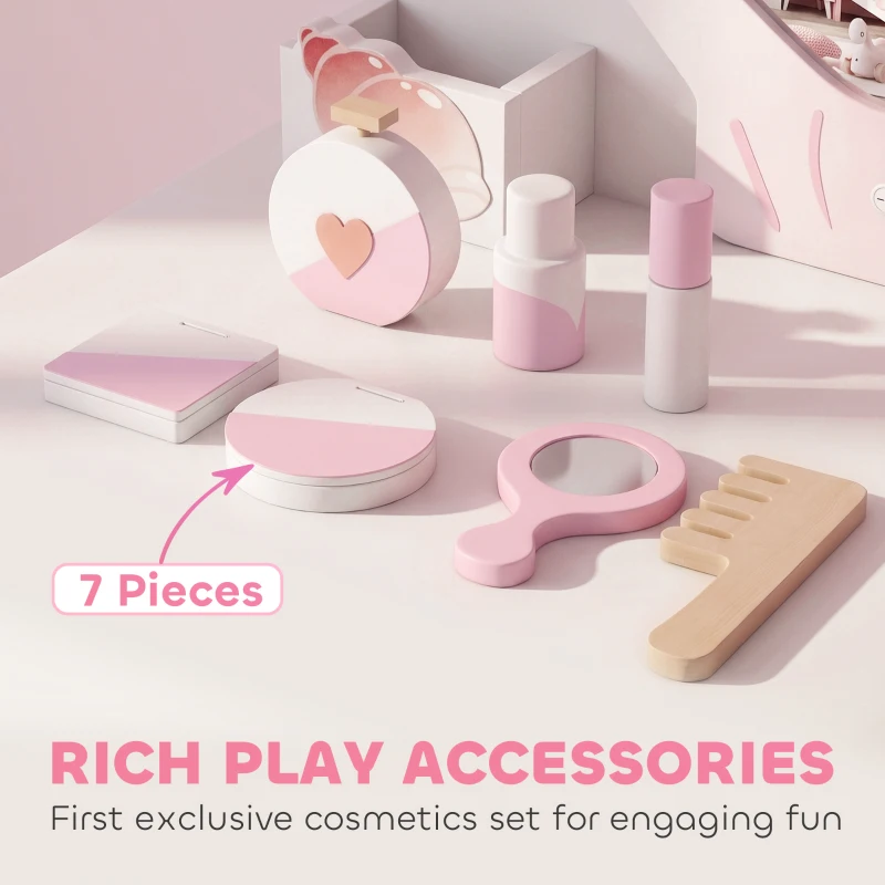 Qaba Kids Vanity Set, Makeup Vanity Table with Lights, Mirror, Stool, 7Pcs Accessories, Pretend Play Set for 3-8 Years, Pink