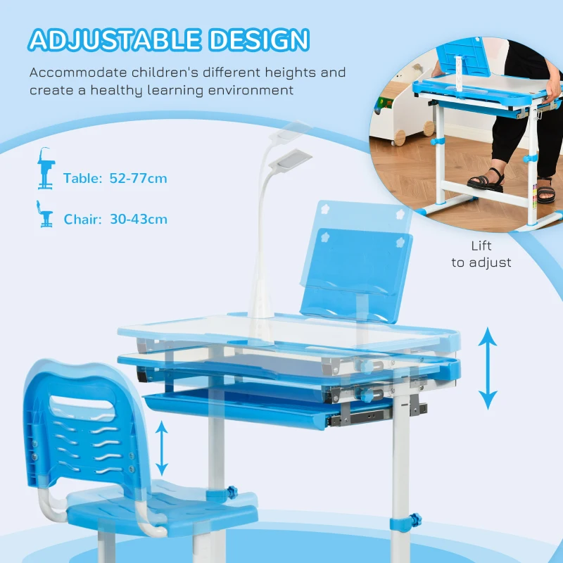 Qaba Kids Desk and Chair Set Height Adjustable Student Writing Desk Children School Study Table with Tilt Desktop, LED Lamp, Pen Box, Drawer, Reading Board, Cup Holder, Blue