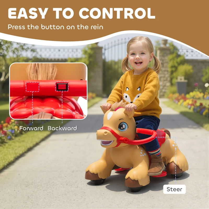 Qaba Ride On Horse Toy, 12V Battery Powered Ride on Toy with Carrot Toy, Comb and Sound, Electric Rocking Horse for Toddlers