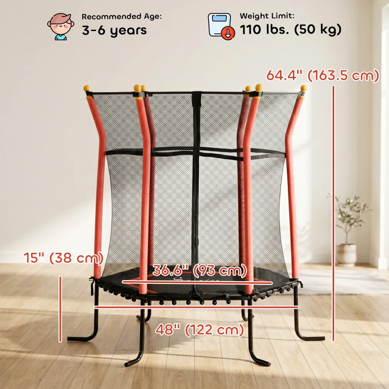 Soozier 63" Kids Trampoline Indoor with Enclosure Net Elastic Thick Padded Pole Gift for Ages 3-6 Years Old Red