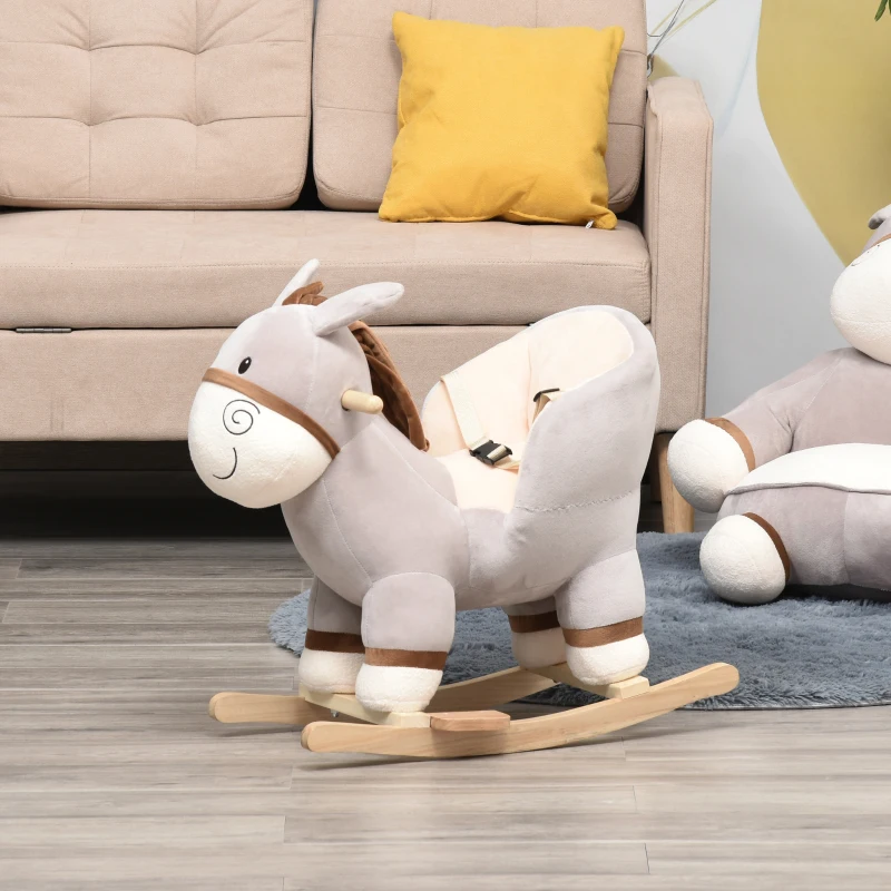 Qaba Kids Rocking Chair, Plush Ride On Rocking Horse Donkey with Sound, Wood Base Seat, Safety Belt, Baby Toddler Rocker Toy for 18 - 36 Months, Gray