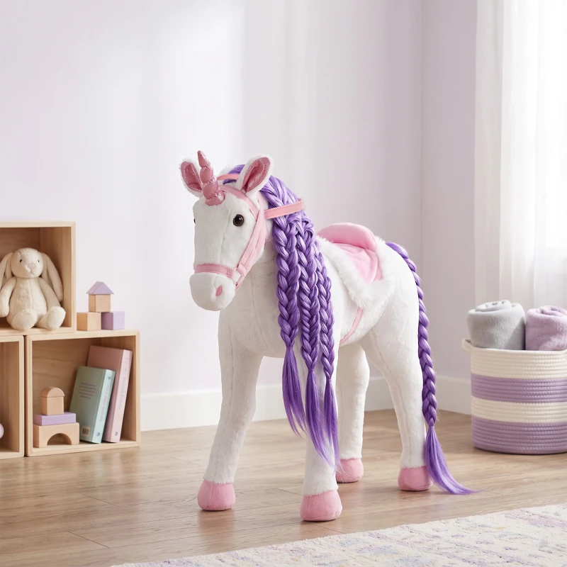 Qaba Ride on Horse for Kids 2+ Years, Toddler Riding Horse with Neighing, Stuffed Animal Horse Toy with Padding, White