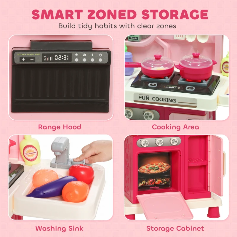 Qaba Kids Kitchen Playset, Play Kitchen with Lights, Sounds, Circulating Water Sink, Storage, 33 PCS for 3-6 Years, Pink