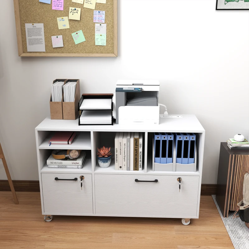 HOMCOM File Cabinet, 2 Drawer Mobile Lateral Filing Cabinet Printer Stand with Lock, Charging Station, Hanging Bars, White