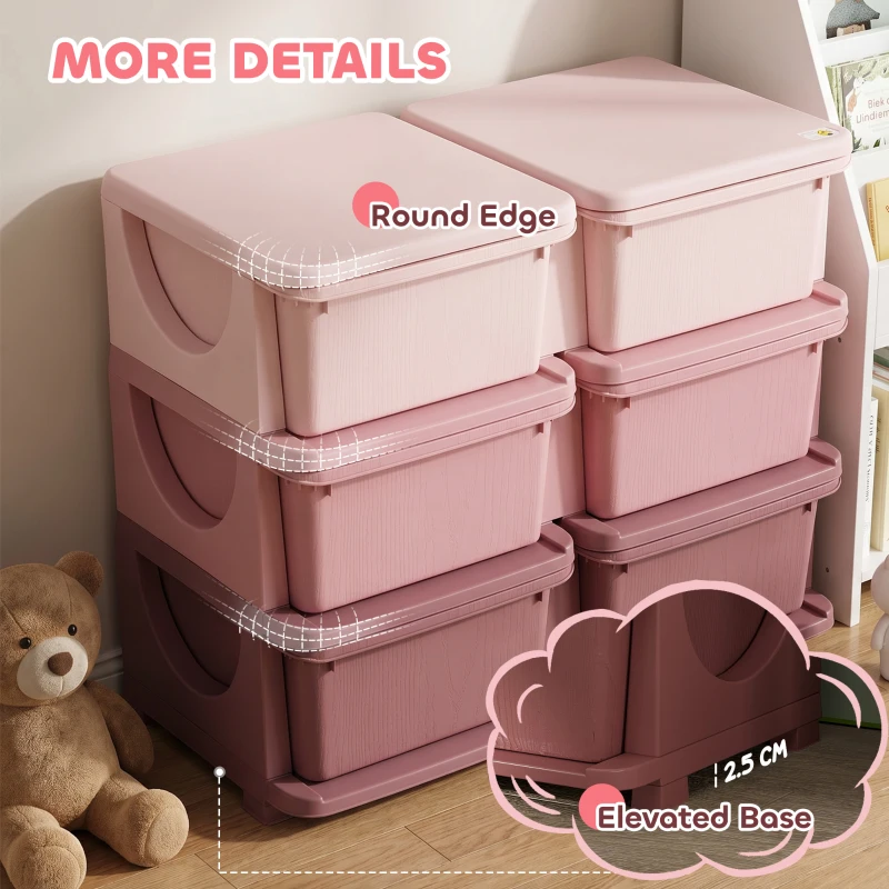 Qaba 3 Tier Kids Toy Organizer and Storage Bins with 6 Plastic Drawers, Pink