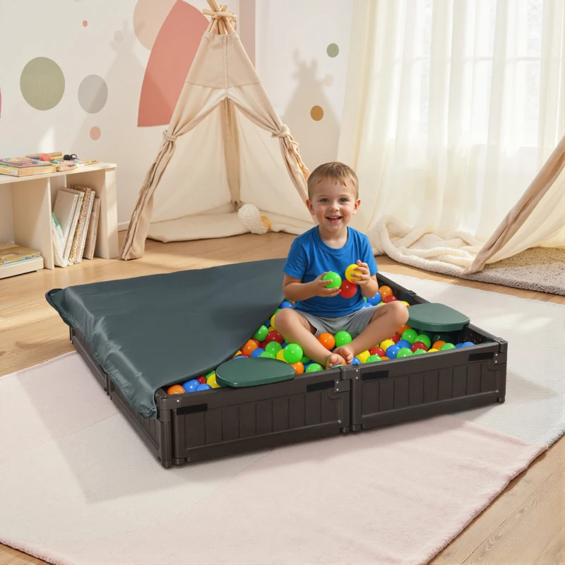 Outsunny Kids Outdoor Sandbox with Canopy, Bottom Fabric Liner, Brown