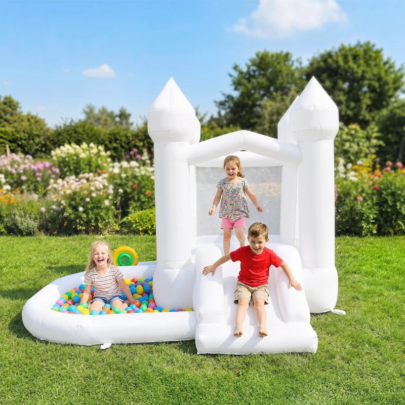 Qaba Inflatable Bounce House, 3-in-1 White Castle Bouncy House with Slide, Ball Pit and 370W Blower for Kids Ages 3-8, White