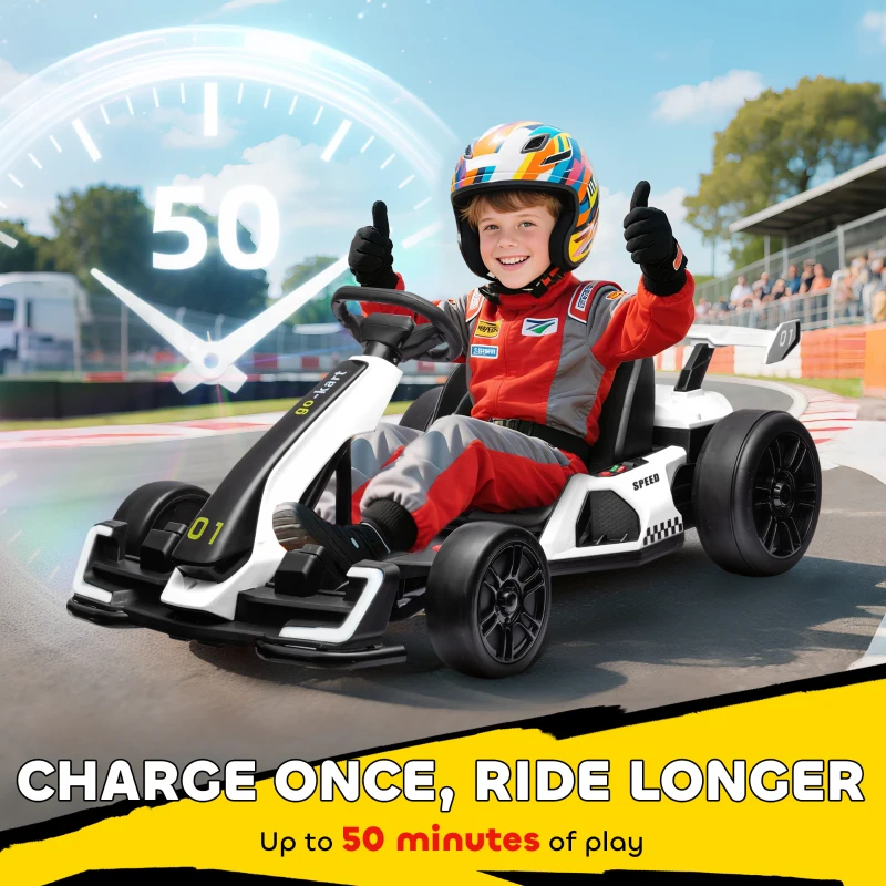 Aosom 24V Electric Go Kart, Battery Powered Kids Drift Kart with Adjustable Seat, Seat Belt, Horn, Music, Light, White