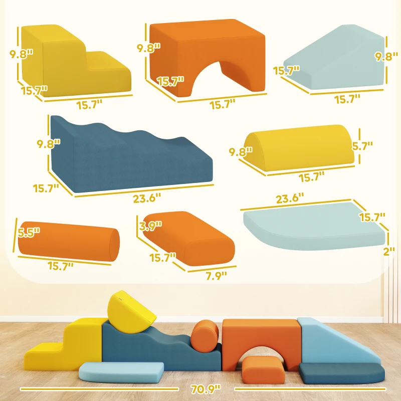 Qaba 9-Piece Soft Play Set, Kids Soft Play Foam Blocks with Detachable Cover for Climbing and Crawling, Multicolored