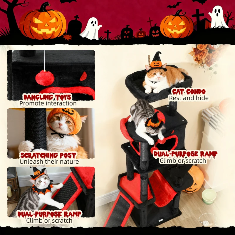 PawHut Gothic Cat Tree, 60" Tall Cat Tower with Coffin Bed,  Sisal Scratching Posts & Ramp, Condo, Hammock, Perches, Black