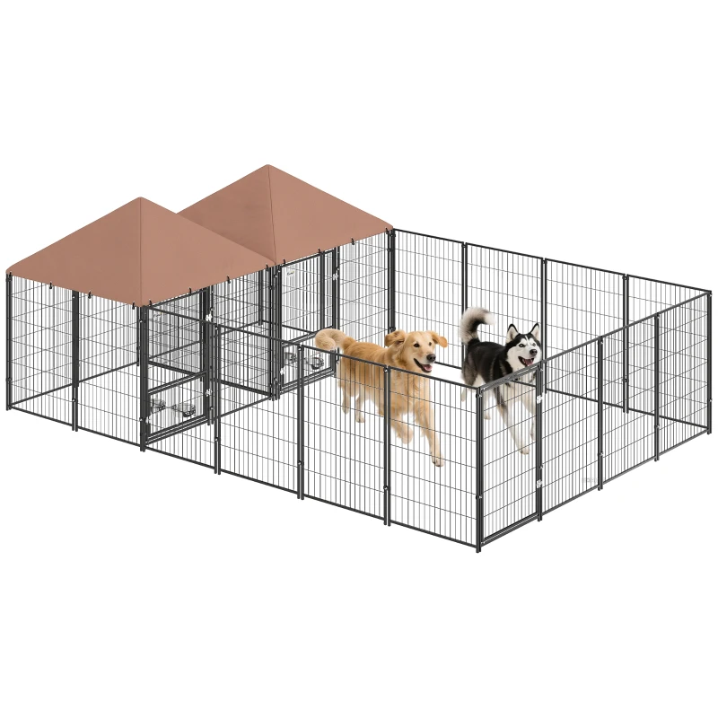 PawHut Large Outdoor Dog Kennel with 2 Rooms, Rotating & Adjustable Height Bowls, 13.5' x 9.4' x 5.1'
