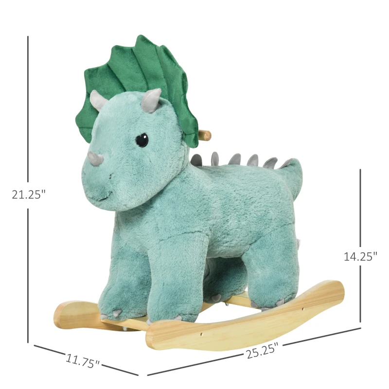 Qaba Kids Plush Ride-On Rocking Horse Triceratops-shaped Plush Toy Rocker with Realistic Sounds for Child 36-72 Months Green