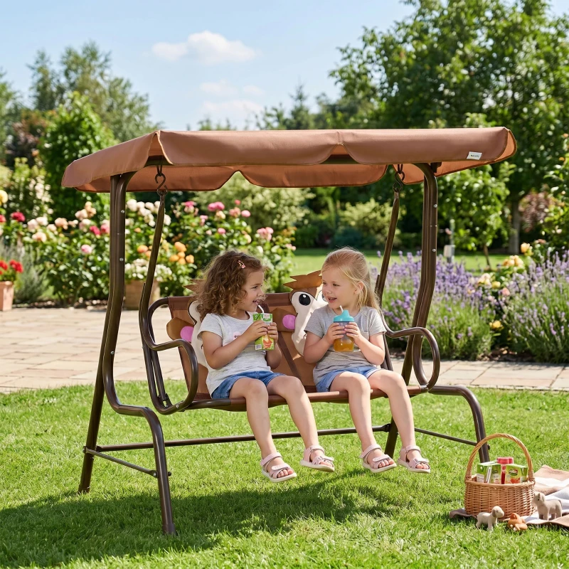 Outsunny Kids Patio Swing, 2-Seater Outdoor Swing Chair with Adjustable Canopy and Safety Belt, Monkey Pattern Hanging Swing Bench for Garden or Backyard, Coffee
