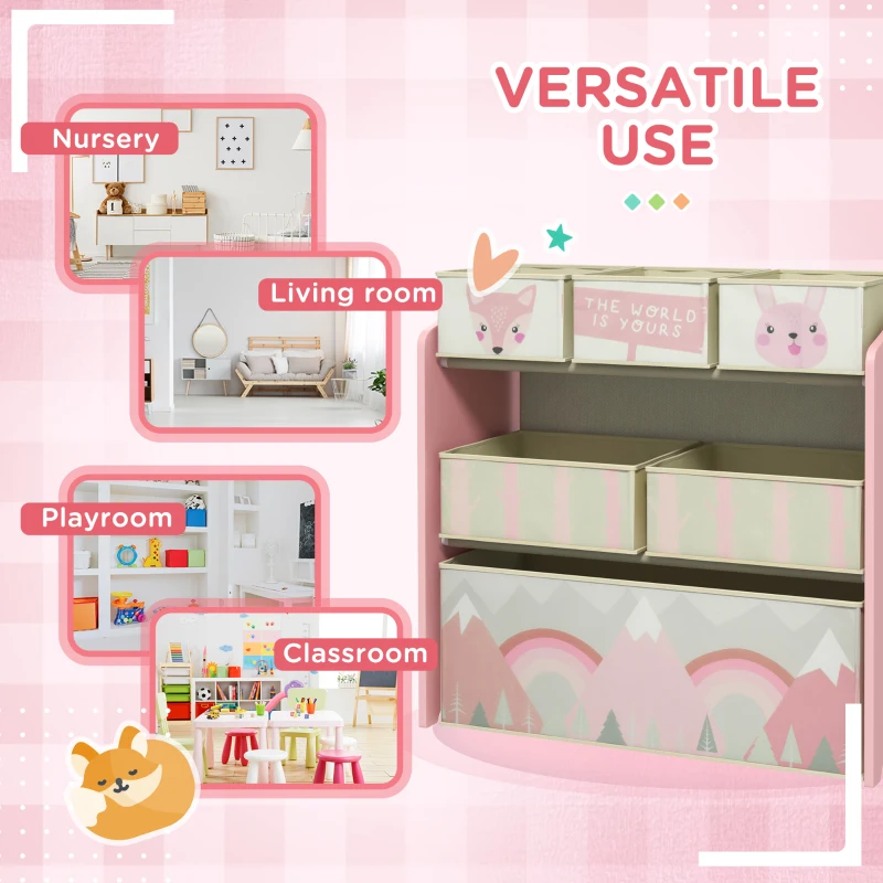 Qaba Toy Organizer with 6 Storage Bins, 25" x 12" x 26", Pink Print