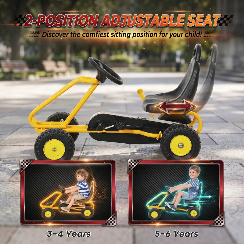 Qaba Go Kart for Kids, 4 Wheel Pedal Go Cart with Adjustable Seat, Safety Hand Brake for Boys Girls 3-6 Years, Yellow
