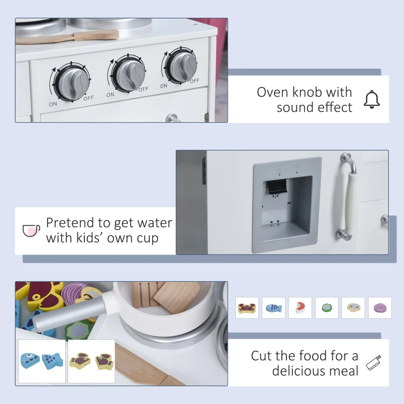Qaba Kids Kitchen Playset with Telephone, Wooden Kitchenette for kids with Cookware, Storage Cabinet, Water Dispenser, Blackboard, Toddler Pretend Play Kitchen with Cooking Accessories for Aged 3+