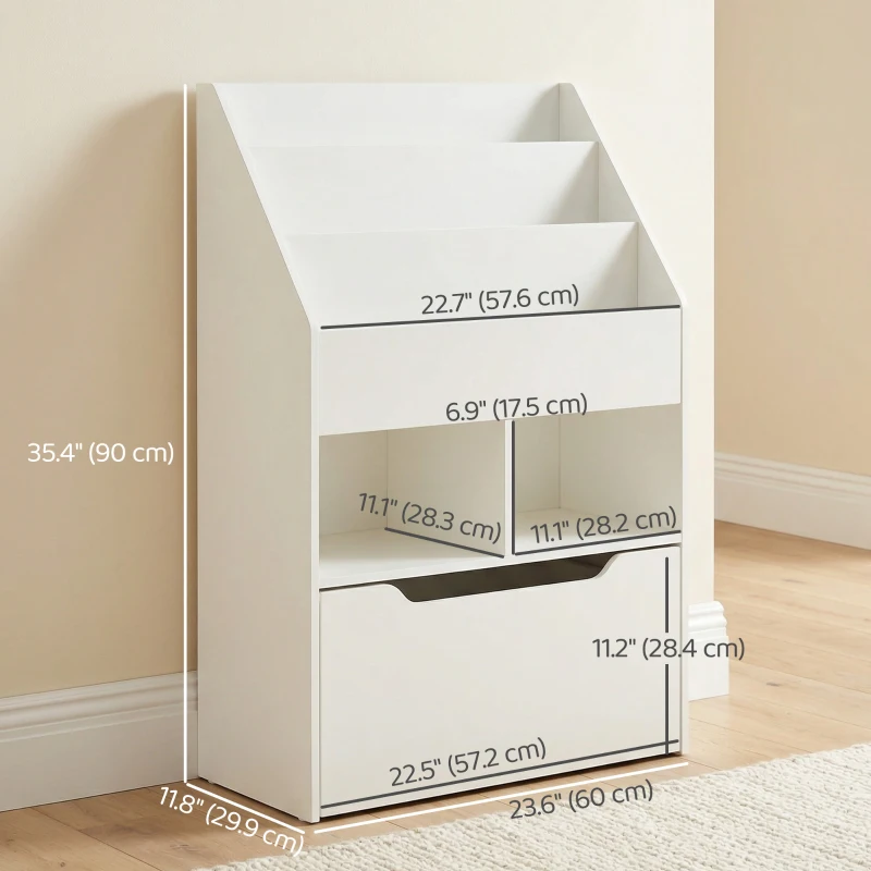 HOMCOM Kids Bookshelf Bookcase, Montessori-Inspired 4 Tier Large Capacity Rack Organizer with Moveable Drawer for Books for Reading Nook, Classroom, Bedroom, Playroom, White