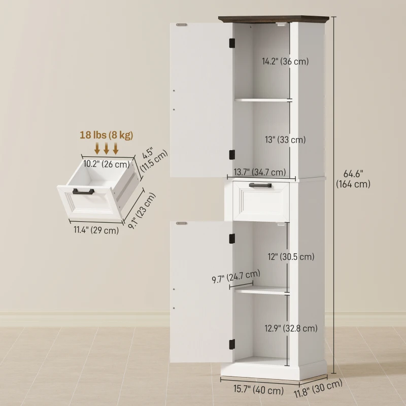HOMCOM 65" Tall Bathroom Storage Cabinet, Freestanding Farmhouse Slim Bathroom Cabinet with 2 Doors, Shelves and Drawer, White