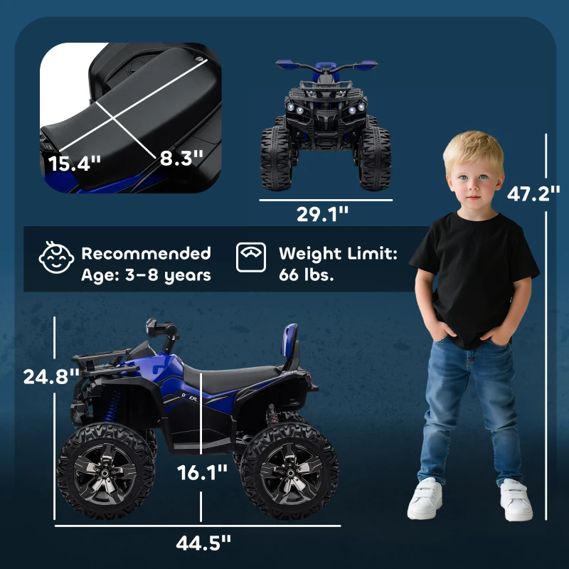 Aosom 12V 4 Wheeler Kids ATV with Music, Headlights for 37-60 Months Boys and Girls, Blue