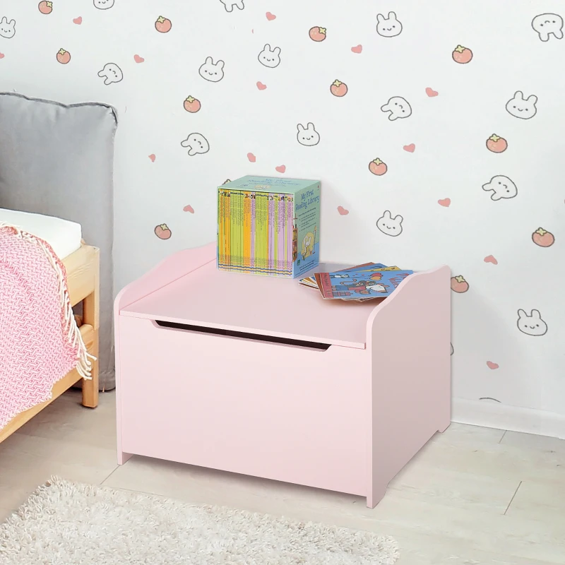 Qaba Kids Toy Chest Wooden Toy Storage Organizer Chest Box with Magnetic Hinge, Large Storage Space, & Groove Handle, Pink