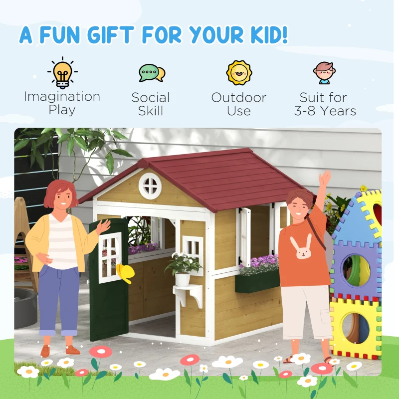 Outsunny Wooden Playhouse for Kids Outdoor with Doors, Windows, Planter Pots and Boxes for Toddlers 3-8 Years, Beige