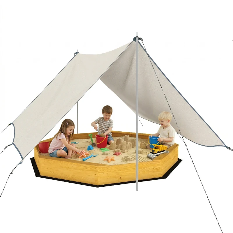 Qaba Wooden Sandbox with Large Canopy, Outdoor Sand Box with 4 Bench Seats, Bottom Liner for 8 Kids Aged 3-8, Yellow
