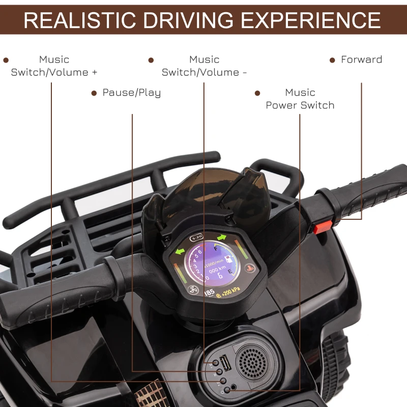 Aosom Kids ATV Four Wheeler  Ride on Car, Motorized Quad, 6V Battery Powered Electric Quad with Songs for 18-36 Months, Black
