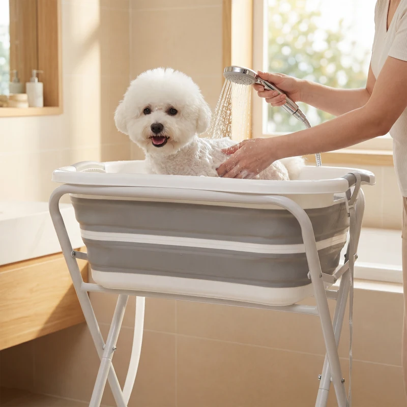 PawHut Dog Bath Tub Dog Washing Station, Elevated Foldable Dog Bathtub with Hose, Storage Shelf, for Small Dogs Puppies Gray